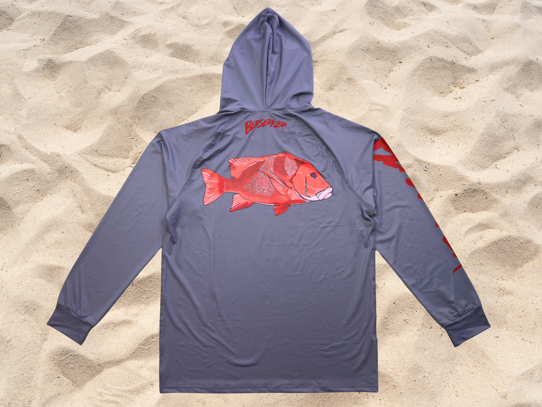 Berserker Performance Fishing Hoodie Grey Red Emperor